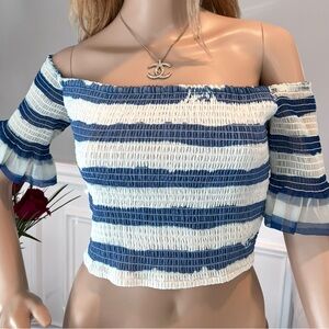 STAUD Doric Crop top Painted smocked off the shoulder Striped